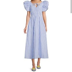 Jennifer Sumko Catherine Gingham Puff Sleeve Taffeta A-Line Midi Dress